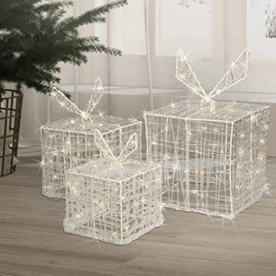 Imagen de ECD Germany Juego De 3 Cajas Regalo con 90 Leds Blanco Cálido Plástico Metal IP44 Resistente Al Agua Interior/Exterior Decoración Navideña Luz Iluminadas para El Árbol Navidad Invierno