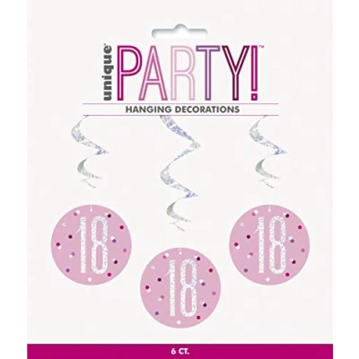 Imagen de Unique Party Decoraciones Colgantes en Espiral de 18 Cumpleaños Diseño Rosa y Plateado Glitz Paquete 6 (83809)