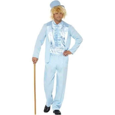 Imagen de Smiffys Esmoquin divertido de los 90, color azul con chaqueta, pantalones, babero imitación camisa y sombrero