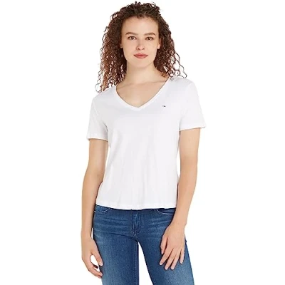 Imagen de Tommy Jeans Mujer Camiseta Manga Corta TJW Slim Soft Cuello de Pico, Blanco (White), XL