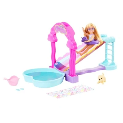 Imagen de Barbie Chelsea Parque acuático tobogán arcoíris Muñeca con Set de Juego Agua y Accesorios, Juguete +3 años (Mattel HTK39)