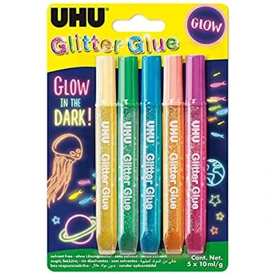Imagen de UHU Glitter Glue Glow in the Dark Pegamento decorativo con purpurina brillante para crear miles de decoraciones Pack 5x10 ml.