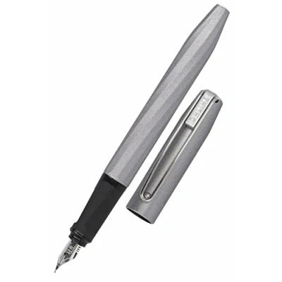 Imagen de Online Slope Metallic Grey Pluma estilográfica con mango ergonómico, plumín de iridio medio, cartuchos tinta estándar, incluye cartucho combinado azul, para escuela y oficina