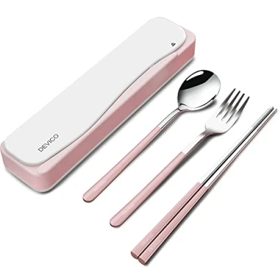 Imagen de DEVICO Utensilios de viaje, acero inoxidable 18/8, 4 piezas, juego cubiertos portátiles reutilizables para campamento, incluye tenedor, cuchara, palillos con estuche (rosa)