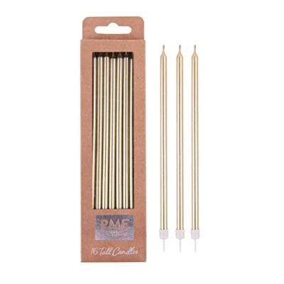 Imagen de PME Tall Candles 7in 16pk Gold Velas Extra Altas Doradas con Soportes, 18 cm, Paquete de 16, Plastic, Oro