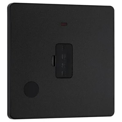 Imagen de BG Unidad de conexión eléctrica sin conmutación con indicador alimentación LED y salida flexible, FCU espolón fusionado, doble polo, placa frontal tornillos, bordes redondos, Evolve, negro