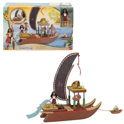 Imagen de Mattel Disney Vaiana 2 canoa de aventuras Conjunto juego con flotante, muñeca pequeña Vaiana, 1 personaje amigo, 6 áreas y 10 accesorios, JBT78