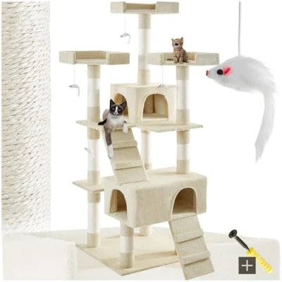 Imagen de tectake® Arbol Rascador para Gatos, Torre de Escalada, Sisal 2 Casitas Cueva 3 Plataformas y 4 Ratones Juguete, Antivuelco, Gato, Gatos 170 cm Alto Beige