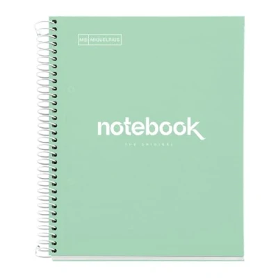 Imagen de Miquelrius Cuaderno A5 Notebook Emotions, 80 Hojas 90 g/m², Cuadrícula 5 x mm, 1 Franja de Color, Espiral Microperforado, Cuadriculado, Tapa Extra Rígida, 2 Taladros, Verde Menta