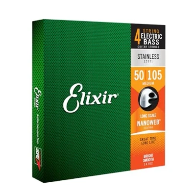 Imagen de Elixir cuerdas de bajo 4 Strings acero inoxidable con recubrimiento NANOWEB, escala larga, calibre mediano, String Medium(50 105)