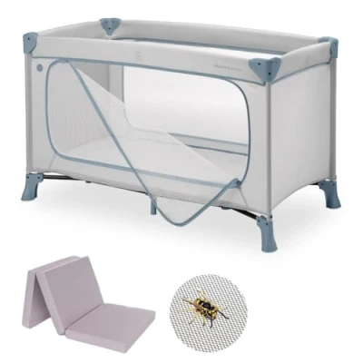 Imagen de hauck Set de Cuna Viaje Bebe Dream n Play Plus con Colchón y Mosquitera, Parque Infantil Desde el Nacimiento, Cama Bolsa, 120x60 cm Dusty Blue