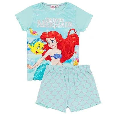 Imagen de Disney The Little Mermaid Niñas Conjunto de Pijama Azul Camiseta y pantalón Corto Ariel Princess para Niño Diseño Aventuras submarinas Mercancía Oficial