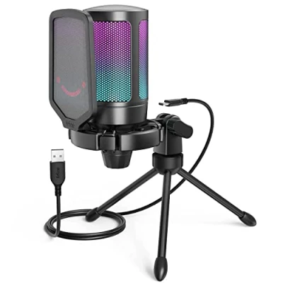 Imagen de FIFINE Gaming Microfono para PC USB, RGB Condensador Micrófono de Cardioide per Ordenador PS4 PS5, con Botón Silencio, Trípode, Filtro Anti Pop, Soporte Choque