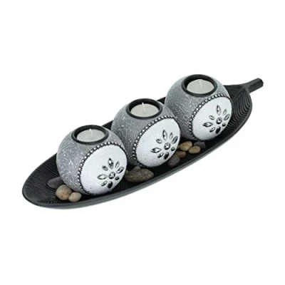 Imagen de Relaxdays Portavelas Bandeja y Piedras Decorativas, 40,5 cm Largo, Centro Mesa Salón, Candelero, Gris, Negro Blanco