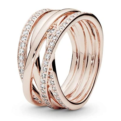 Imagen de Pandora Timeless Anillo con líneas centelleantes y pulidas chapado en oro rosa de 14 quilates circonitas cúbicas transparentes, talla 60