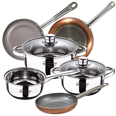 Imagen de Bateria de cocina 5 piezas SAN IGNACIO Cassel, acero inoxidable, con juego sartenes (18/22/26 cm) Optimum Plus en aluminio prensado