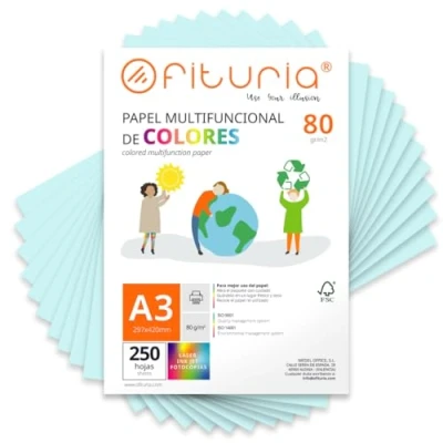 Imagen de Folios de Colores, Pack 250 Hojas A3 80gr Papel Colores para Manualidades, Impresora, Scrapbooking Ideal Origami, Papiroflexia, Oficina y Escuela (Azul Claro, 250h)