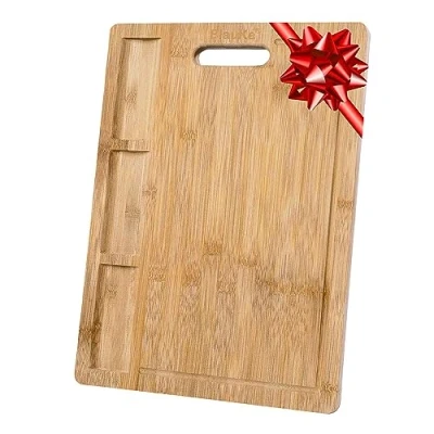 Imagen de BlauKe® Tabla de Cortar para Cocina, Madera Bambú (Grande 43x32cm) Bandeja Servir Comida, Carnes, Verduras, Quesos, Pan, Embutidos Cocina