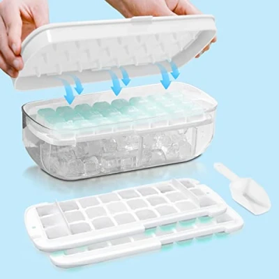 Imagen de Cubiteras Para Hielo con Tapa, Cubitera Silicona de Grado Alimenticio, Liberación Todos Los Cubitos en un Segundo, Molde Reutilizable 48 Ice Cube Tray (Blanco Hielera)