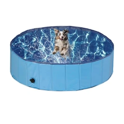 Imagen de Relaxdays Piscina para Perros, Plegable, Bañera con Válvula de Desagüe, Refrescante, PVC y MDF, 30 x 120 cm, Azul