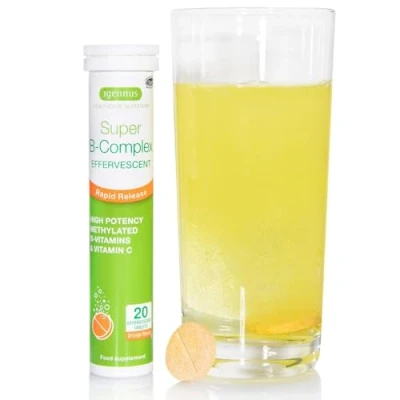 Imagen de Complejo Vitamínico Efervescente, Energía Instántanea, Sin Cafeína, con Vitaminas B, C, Rivoflavina, Tiamina, Folato y más, 20 Comprimidos Efervescentes, Sabor a Naranja de Igennus