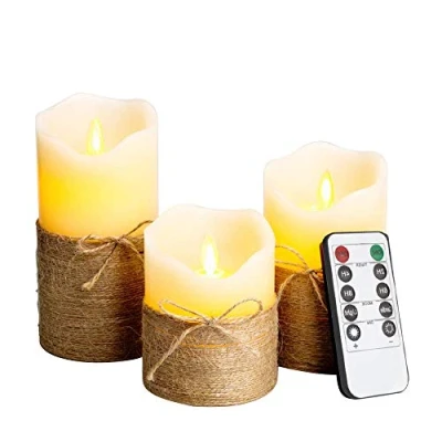 Imagen de AnnSpa 3 Set Cuerda de Cáñamo Velas LED Sin Pilares pilas Llama con Control Remoto, Cera Real Parpadeo Mecha móvil Ámbar Luz amarilla Velas, Perfume para Regalo