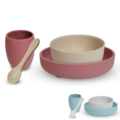 Imagen de Divergiana Vajilla bebe silicona Plato con ventosa libre de BPA 4 piezas infantil para regalo vaso cuenco cuchara diseño divertido bebes