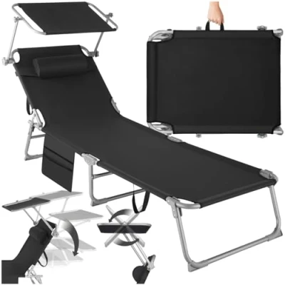 Imagen de TecTake® Tumbona Jardín Exterior de Acero, Plegable con Reposacabezas, Parasol y Bolsillo Lateral, Playa Reclinable 6 Posiciones, Piscina Resistente a Intemperie Negra