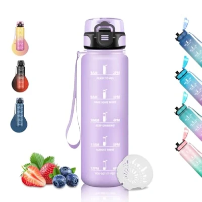 Imagen de Botella Agua, Agua 1 Litro, de a Prueba Fugas, Reutilizable, con Marca Tiempo, Cantimplora para Gimnasio, Senderismo, Cámping, Correr, Yoga, Ciclismo, Violeta
