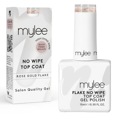Imagen de Mylee Esmalte Protector Sin Limpieza con Particulas Oro Rosa para de Uñas Gel UV LED 15ml, Acabado Duradero, Rápido, Fácil, Naturales, Extensiones, Puntas, Manicura y Pedicura Profesional