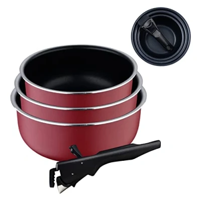 Imagen de BERGNER Click&amp;Cook Red Edition Juego de 3 Cazos Cocina 16, 18 y 20 cm + Mango Extraíble Aluminio Prensado Antiadherente Todo Tipo Cocinas Horno