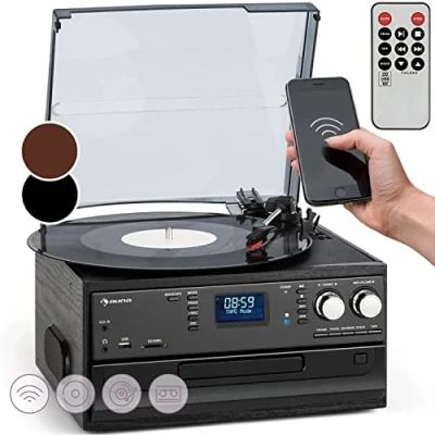 Imagen de Auna Tocadiscos de Vinilo, Incluye Altavoces Sistema Estéreo para Música, Vinilo Bluetooth, Reproductor Equipado con CD, AUX Sonido, Giradiscos Portátil Casa