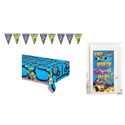 Imagen de ALMACENESADAN 4684, Pack cumpleaños mickey y los superpilotos compuesto por mantel 120x180cm, lineal de 9 banderines la fiesta es aquí 150 x 75 cm (8435510346843)