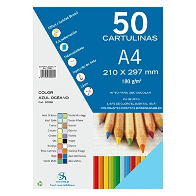 Imagen de Dohe Cartulinas A4 Azul Océano para Manualidades e Impresión (50 uds.) 21x29,7 cm 180 g/m² Material de oficina