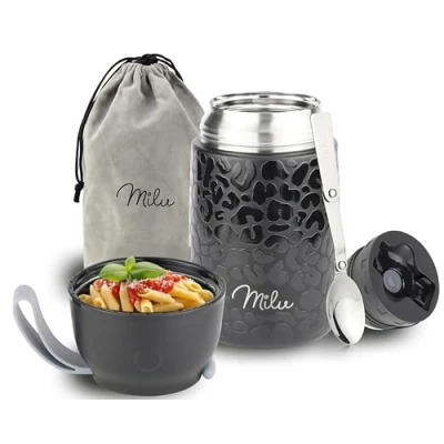 Imagen de Milu Termo para Comida 650 ml Taza Aislada, Botella de Acero Inoxidable Aislada Alimentos, Beber y sopa los niños adultos Térmico (650ml/Black Leopard)