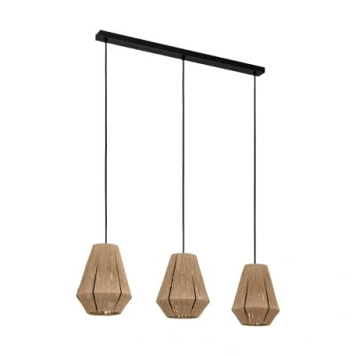 Imagen de Eglo lámpara colgante Alderney para comedor, pendiente de 3 luces sala y luminaria textil cáñamo en color natural metal negro, luz con casquillo E27