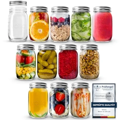 Imagen de volila Tarros de Cristal Con Tapa 490ml Mason Jars Frascos Vidrio Pack 12 Botes Pequeños para Avena Nocturna y Bote Mermelada Casera