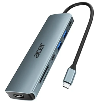 Imagen de Acer Hub USB C, Docking Station C 7 en 1, Adaptador HDMI a 2X 3.0 y 5Gbps, 4K@30Hz, PD 100W, Lector de Tarjetas SD/TF, Compatible con iOS, Android, PC Portátiles