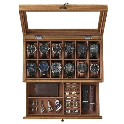 Imagen de SONGMICS Caja de Relojes con 12 Ranuras, Estuche Madera 2 Niveles Tapa Cristal, Almohadillas, Forro Terciopelo, Regalo Seres Queridos, Nogal Rústico JOW012K01
