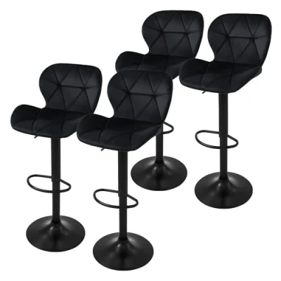 Imagen de ML Design Juego de 4X Taburetes Bar Tapizados en Piel Sintética PU Negro Sillas con Respaldo Ergonómico y Reposapiés Asiento Cómodo Mostrador Regulable Altura Giratorio 360