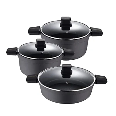 Imagen de SAN IGNACIO Bistro Batería de Cocina Set 3 Cazuelas 20, 24 y 28cm Diámetro con Tapa Vidrio Fabricadas Aluminio Fundido Juego Cacerolas Aptas para Todo Tipo Cocinas