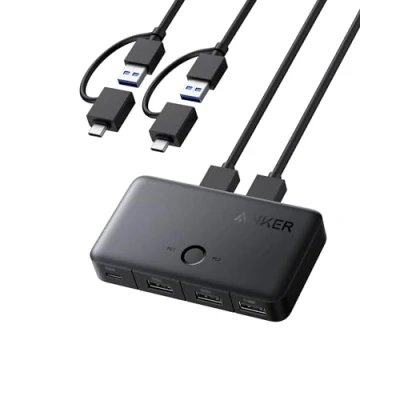 Imagen de Anker KVM Switch, Cambia Fácil con un Solo Clic para 2 Portátiles, Cable USB A Conectores en 1, Comparte 3 Puertos 3.0, Transferencia de Datos 5 Gbps Alta Velocidad Portátil o Sobremesa