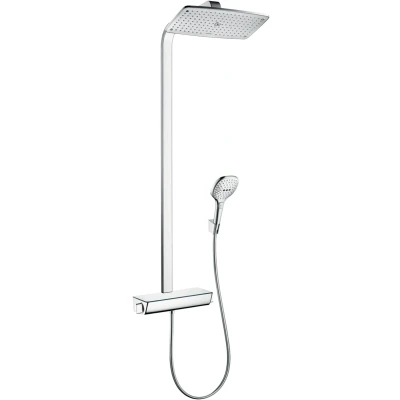Imagen de hansgrohe Raindance E sistema de ducha con termostato, lluvia (360 x 190 mm) grifo, mano (2 tipos chorro), flexo, barra, fija rectangular, cromo, 27112000