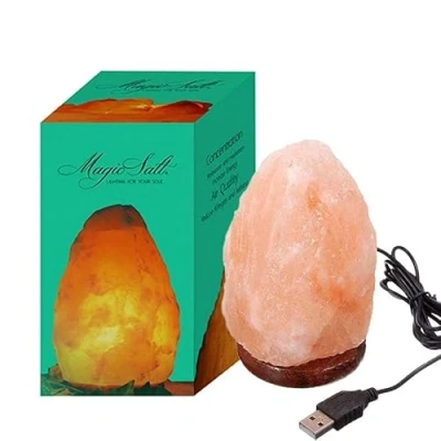 Imagen de LAMARE Lámpara USB de sal del Himalaya ROSA escritorio con base madera y LED multicolor