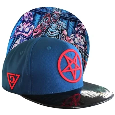 Imagen de Capiche [99+ Designs] Snapback Azul y Negro, Doctor Maldito, Psico, Logo de Pentagrama Rojo, diseño Horror médico, cirugía, Gorra graduación, para Hombre