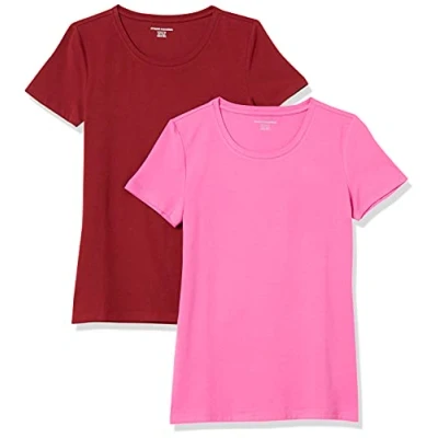 Imagen de Amazon Essentials Camiseta de Cuello Caja Manga Corta y Ajuste Clásico Mujer, Pack 2, Burdeos/Rosa, M