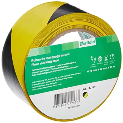 Imagen de Cinta adhesiva tarifold seguridad para marcaje y señalizacion de suelo 33 mt x 50 mm color negro/amarillo
