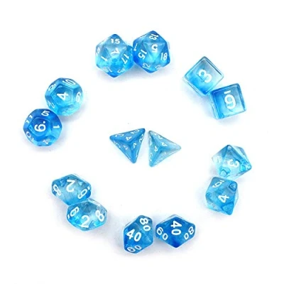 Imagen de Fasizi Juego de dados poliédricos transparentes para juegos mesa, 2 x 7 (14 piezas) Die Series D20 D12 D10 D8 D6 D4 DND RPG MTG doble colores una pieza (azul)