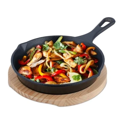 Imagen de Relaxdays Posavasos de Madera Sartén Hierro Fundido con Soporte, Cacerola Redonda para Servir, Cocina y Parrilla, 20 cm, Antracita