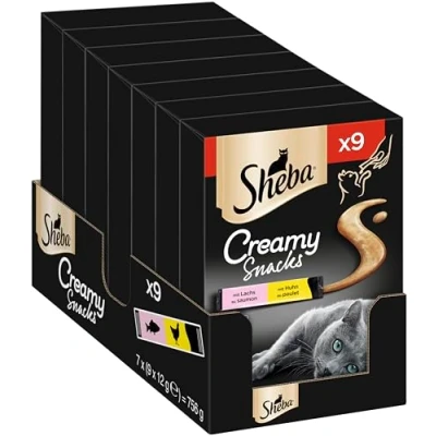 Imagen de Sheba Creamy Snacks Delicias cremosas para Gatos con Pollo y salmón Prácticos palitos lamer de la Mano 7 x 9 12 g